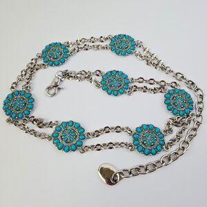 Blue Faux Turquoise Stone Silver Concho Belt Chain Metal Western Waist Chain